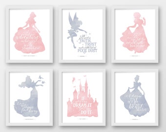 Disney wall art, Set of 6, PRINTABLE, Disney quotes, Pink, Grey, Dumbo, Beauty and the Beast, Nursery, Princess quotes, Baby, Belle, Elsa