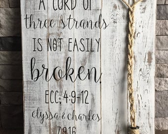 A Cord Of Three Strands Sign, A Cord of 3 Strands, Ecclesiastes 4:9-12, Wedding Ceremony Sign, Unity Ceremony Sign, Rustic Wedding Gift