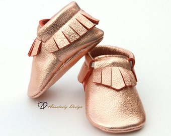 Baby Moccasins Leather Baby Moccasins, Rose Gold Fringed Leather Baby Moccasins, Baby Girl Moccasins, Toddler Moccasins, Baby Girl Shoes