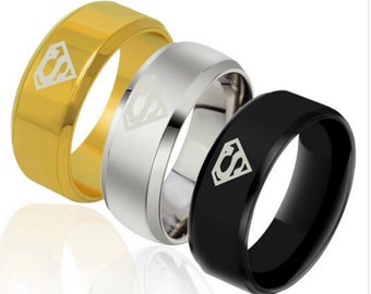 Superman Ring, Stainless Steel Ring, Mens Band, Superhero Jewelry, Man of Steel, Titanium Steel Mens Ring, Men Jewelry,