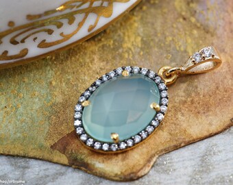 Énorme Pendentif Calcédoine Ovale Argenté - Bijou Fantaisie Femme, Neuf Avec étiquettes