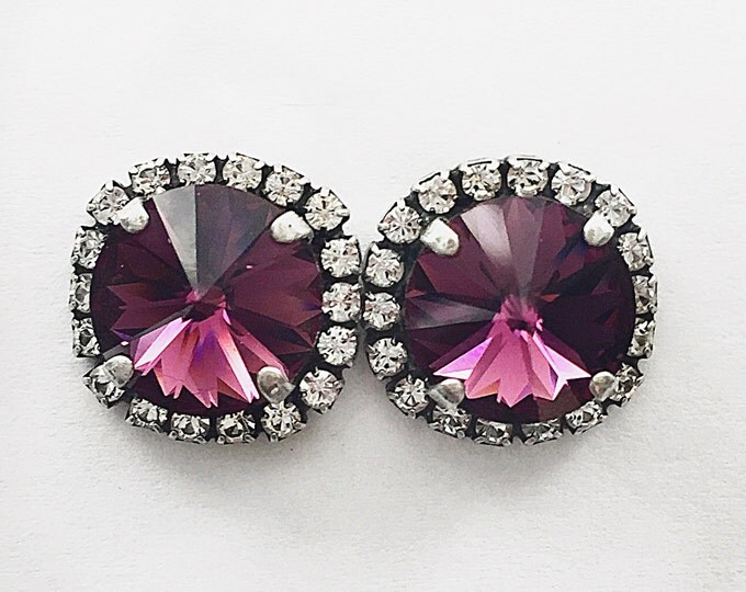 Fashionable amethyst purple Swarovski crystal stud earrings surrounded by a halo of pave for a chic glamorous look perfect for her!