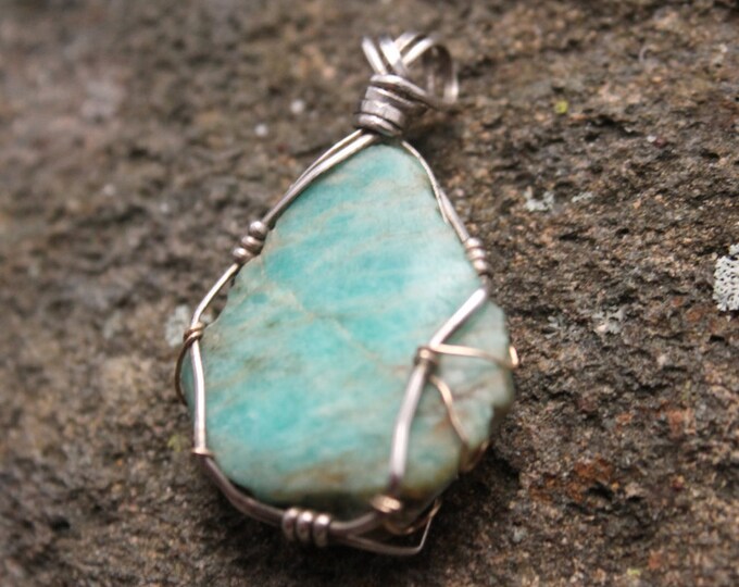 Amazonite Rough and Polished Pendant Sterling Silver and Gold Filled Wire Wrap Necklace, Turquoise Blue Green Color Stone, Raw Mineral