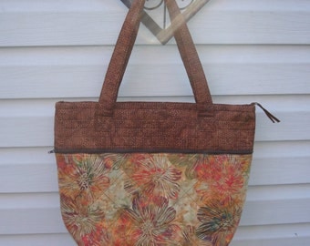 Autumn Batiks Zippered Tote/Brown & Olive Batiks/Overnight Bag with Zippered Closure/Quilted Inside and Out/Sturdy Construction