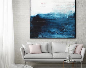 Square Extra Large Abstract Painting, Fine art print giclee of original acrylic abstract landscape painting, Navy Blue, Indigo Seascape