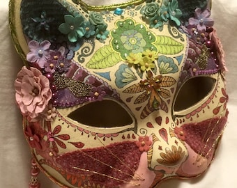 Pretty kitty jewelled cat masquerade mask - hand painted and embellished, a 'one of a kind' piece.