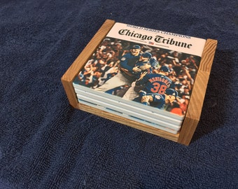 Chicago Cubs World Series Champions Coasters -4 coasters with the front page of the Chicago Tribune