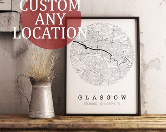 Custom Map Art. Any Location. Personalised Map. Circle Design. City Map Art. Mounted Canvas Available