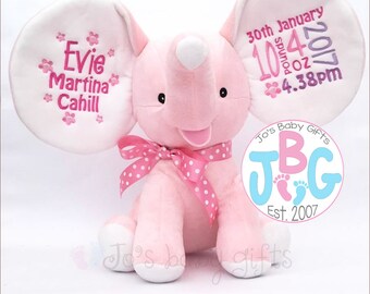 Personalised teddy bear, Pink Cubbie dumble elephant, Personalised cubby, New baby or christening gift, Personalized Baptism birth stats