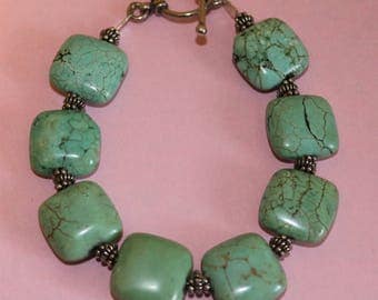Light Green Square Turquoise Bracelet with Bali Silver Accents