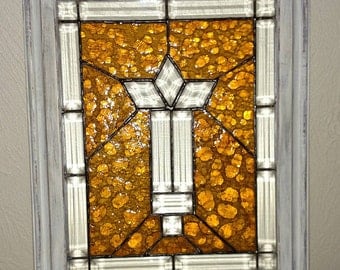 Stained Glass Panel Beveled Old Amber Bubble Glass Framed Shabby chic Old Farmhouse Décor Free Shipping Within USA