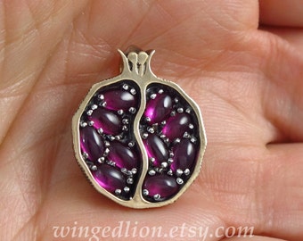 Small JUICY POMEGRANATE bronze & silver pendant with lab rubies Ready to ship