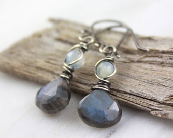 Kyanite and Labradorite Small Wrapped Silver Earrings