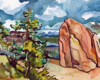 Watercolor and Ink Painting of a Rock on Donner Summit - Original Art by Jen Tracy - Natural Landscape Painted by Hand