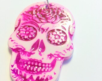 Bright Pink Sugar Skull Day of the Dead Faux Ceramic Ornament or Decoration