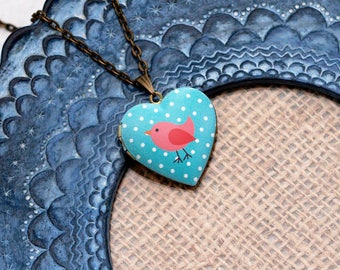 Pink Bird Locket Necklace, Bird Necklace, Heart Locket Pendant, Pink Bird Jewelry
