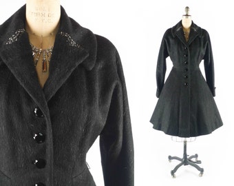 FREE U.S. Ship - Vintage 50s Coat // 1950s Coat // Princess Coat // Flared Coat // Fitted Coat // Black Wool Coat - sz S