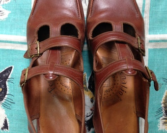 Vintage 1940's 1950's rust red leather platform wedge slingbacks by Penaljo 9 1/2 S Narrow UK 7 8 EU 39 40