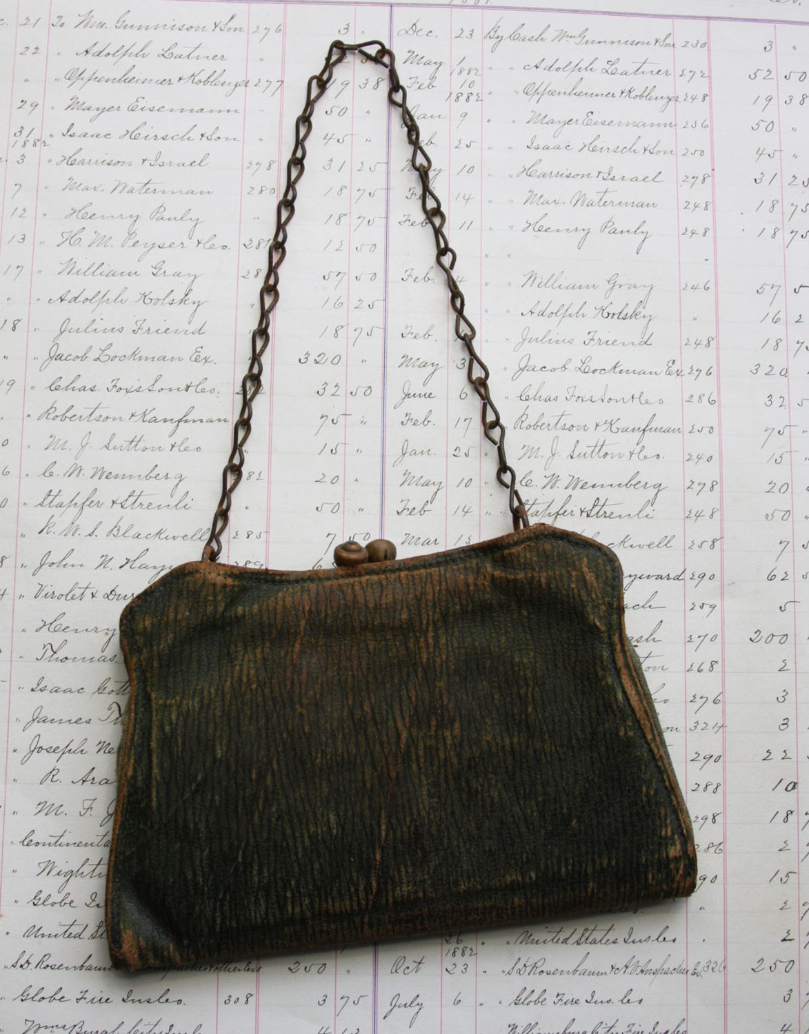 Vintage LEATHER PURSE with Chain Handle Snap Closure Coin