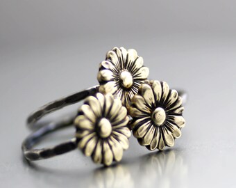 Boho Sunflower Ring, Flower Stack Ring, Flower Ring, Silver Stack Ring, Sunflower Stack Ring, Boho Flower Ring, Sterling Silver