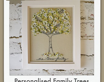 Personalised Family Trees, freehand embroidered with family names added, large A4 size. Personalised with names MADE TO ORDER