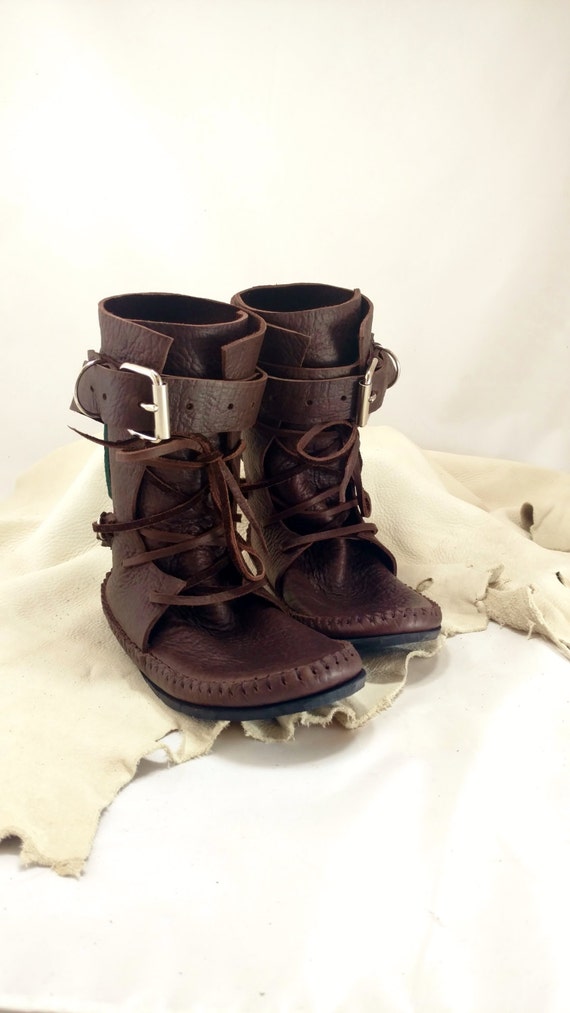 Chocolate Brown Shin High Indie Moccasin With Buckles Hand Stitched Soft Bullhide Leather Upper With A Durable VIBRAM Sole / Renaissance by TreadLightGear steampunk buy now online