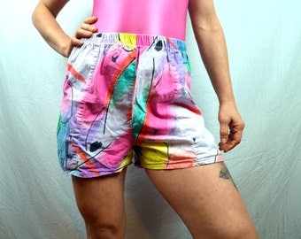 Vintage 80s Neon Rainbow Fun Summer Shorts