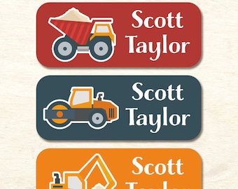 30 name stickers, waterproof labels, construction trucks, school labels, sippy cup label, daycare labels, boy labels, kids stickers (NS-17)
