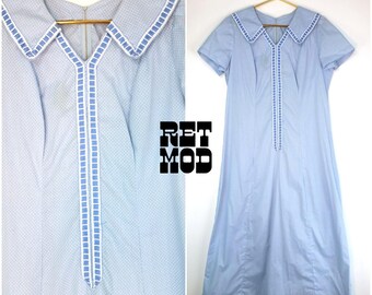 Cute Vintage 60s 70s Pastel Blue Swiss Dot Maxi Dress with Embroidered Collar! Plus!