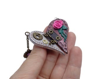 Heart Necklace, Victorian Jewelry, Steampunk Jewelry, Polymer Clay Heart, Steampunk Necklace, Girlfriend Gift, Love Gift, Clay Heart, Ooak