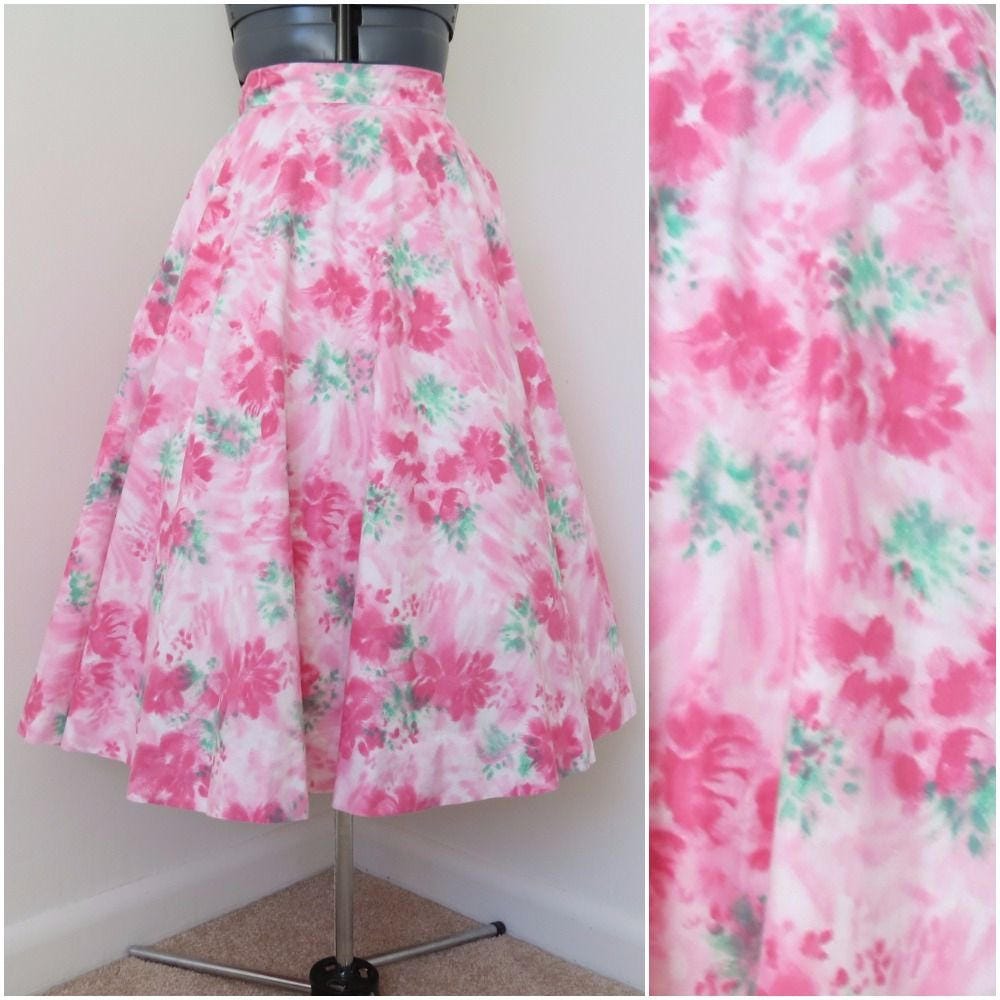 Vintage 1950s Pink Floral Full Circle Skirt Womens Waist 26
