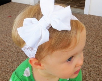 White Bow Headband, Big Bow Headband, Large Bow Headband, Extra Large Hair Bows, White Hair Bow, Lace Headband Baby White Headband Baby
