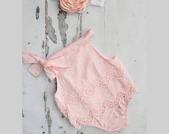 Boho Chic Blush Pink Lace Romper & Headband. Newborn Baby Girl Coming Home Outfit, 1st Birthday Outfit, Summer Set, Mommy Me, Mother's Day