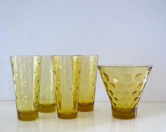 Vintage 5 Piece Set of 4 Hazel Atlas Eldorado Gold Coin Amber Colored Drinking Glasses with Glass Serving Dish/Ice Bucket