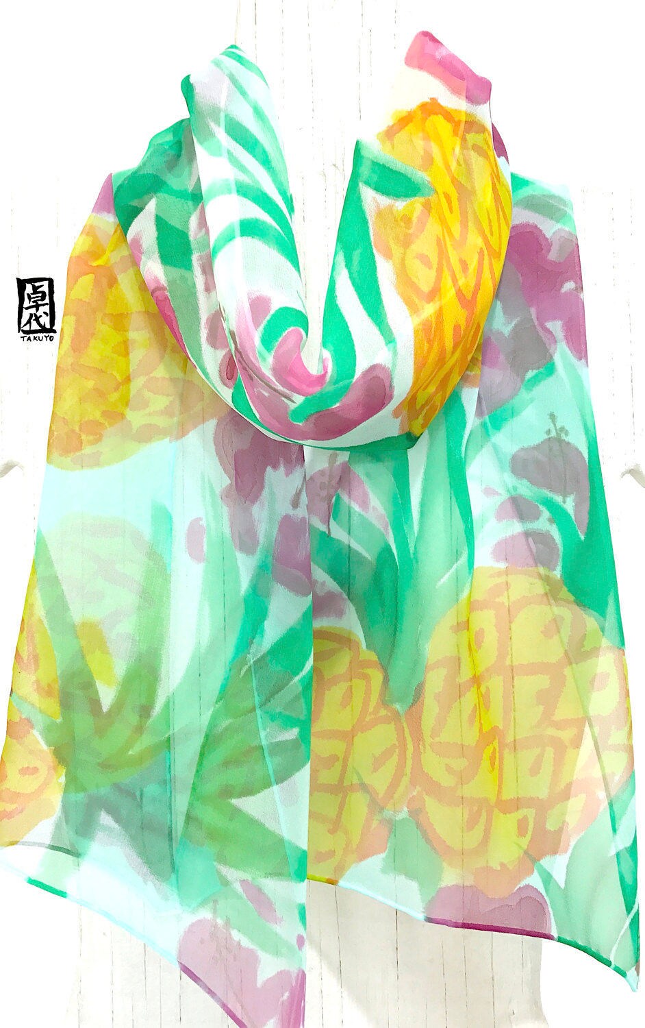 Silk Scarf Handpainted Pineapple Print Pineapple Art Summer