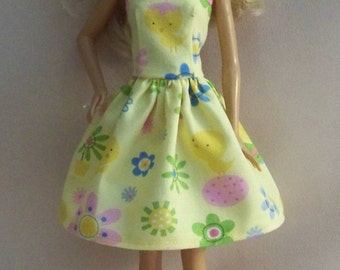 Handmade Barbie Clothes-Easter/Spring Yellow Print Barbie Dress