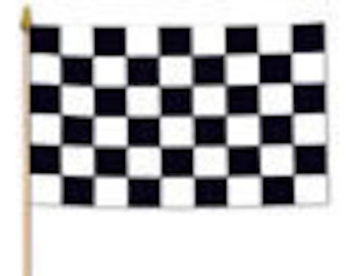 Black & White Checked Race Car FABRIC Flag on wooden stick