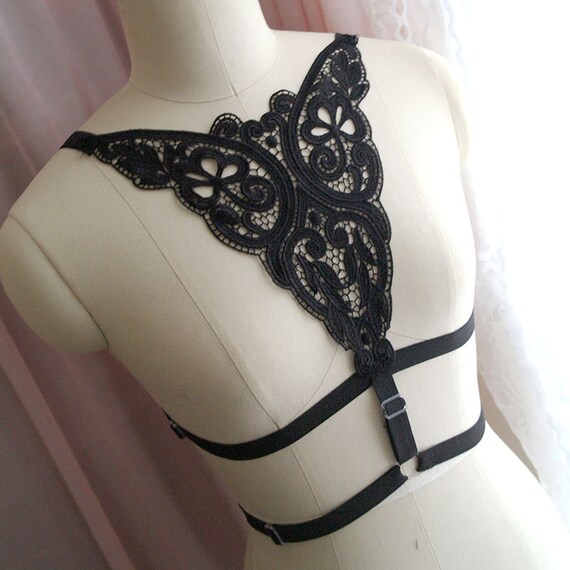 Butterfly Crochet Lace Harness elastic black Halter Choker Bralette Corset Top steampunk Hardcore Goth Gothic Rocker Chic by MiaDressShop steampunk buy now online Butterfly Crochet Lace Harness elastic black Halter Choker Bralette Corset Top steampunk Hardcore Goth Gothic Rocker Chic by MiaDressShop steampunk buy now online