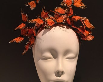 Orange Butterfly Headpiece- Derby Hat- Butterfly Headdress- Derby- Kentucky Derby- Orange Hat- Monarch -Orange Fascinator- Cocktail Hat