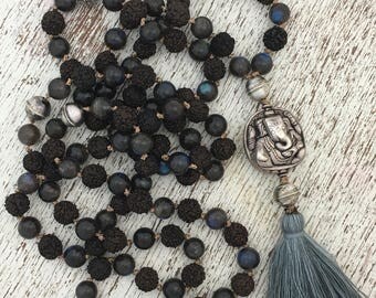 Rudraksha Mala Prayer Bead Necklace with Blue Kyanite and Silver Ganesh Amulet