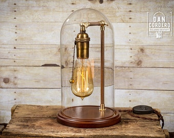 Edison Bell Jar Lamp | Table Lamp | Desk Lamp | Glass Dome | Bell Jar | Night Lamp | Antique Brass