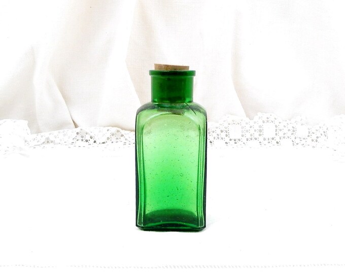 Small Square Antique French Green Apothecary Glass Bottle with a Cork Stopper, Country Decor, Chemist, Pharmacy, Brocante, Vintage Style