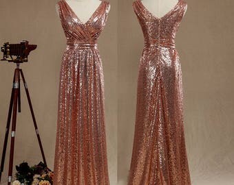 Sequined bridesmaid dress, Sheath Column v-neck with ruching, Sequins Prom, Metallic Sparkle Evening dress, V neck V back Luxury floorlength