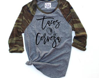 Taco Shirt. Tacos and Cerveza. Tacos and Tequila Shirt. Taco. Camo Camouflage Baseball Raglan Shirt. Camo Taco Shirt. Taco bout a Party.