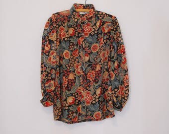 Oversized, Black Print Blouse - 1980s