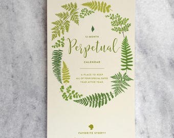 Perpetual Calendar, Birthday Calendar, Illustrated Ferns, Botanicals, Fern Fronds