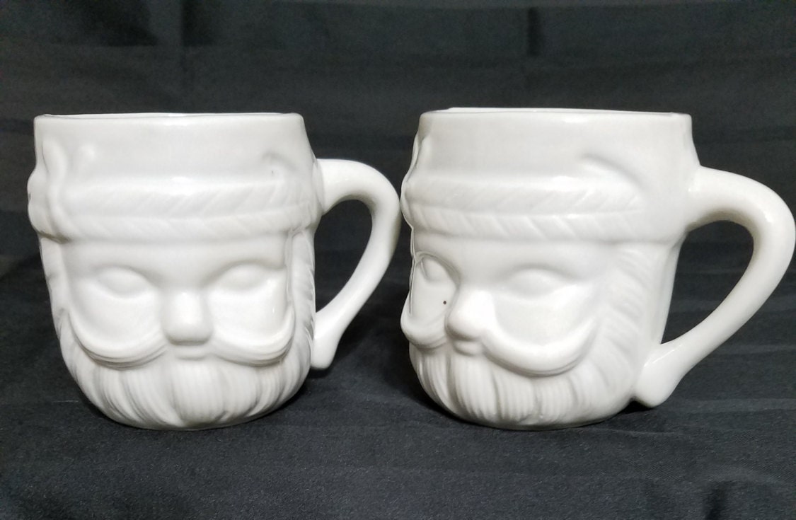 White Santa Claus Christmas Mugs Two White Ceramic Coffee Cups