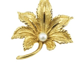 Vintage Gold Leaf Brooch with Pearl, Gold Maple Leaf Brooch with Pearl, Gold Leaf Pin, Gold and Pearl Brooch