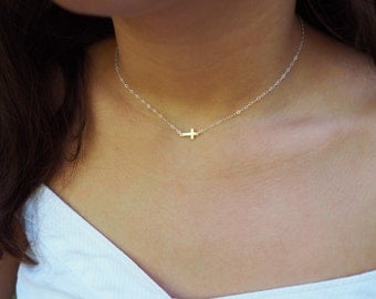 Tiny Sideways Cross Necklace, Sterling Silver Cross Necklace, Centered Cross Necklace