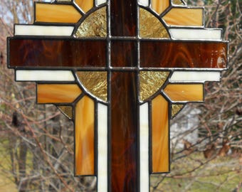 Stained Glass Cross Suncatcher, Brown #103